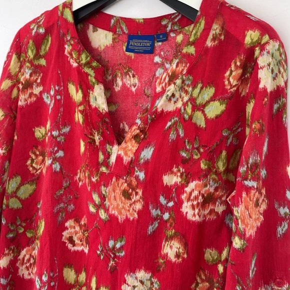 Pendleton Red Floral 100% Cotton Roll Tab Sleeve Blouse Top Cottagecore Medium - Picture 6 of 14